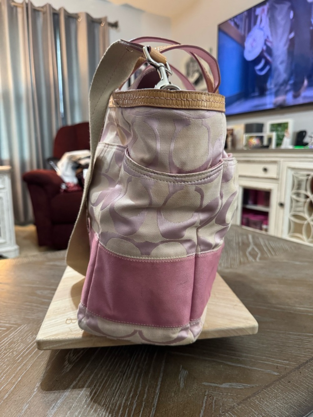 Coach Pink and Tan Signature Canvas Tote/ Diaper bag with Charm - Picture 3 of 17